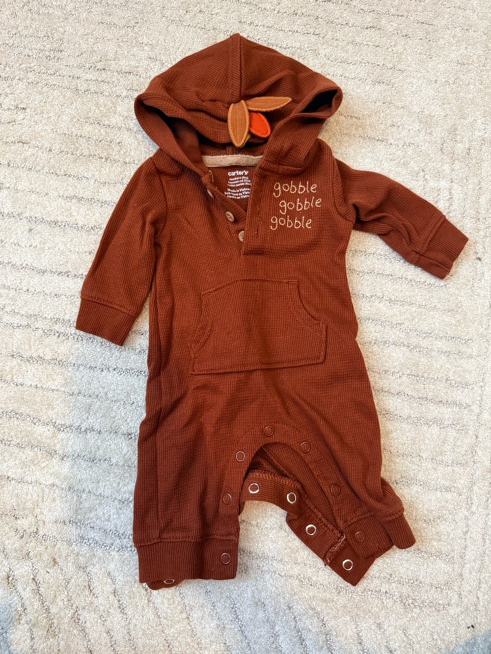 Carter's Rust Brown Hooded One-Piece with 'Gobble Gobble' Embroidery